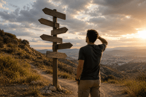 Man standing at a crossroads considering priorities, spiritual growth, meaningful life choices, and relationship with God