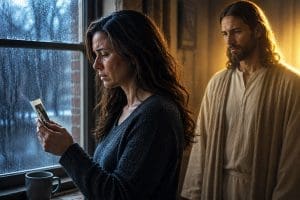 Woman grieving by a window with Jesus Christ beside her, symbolizing forgiveness, healing wounded hearts, and the Atonement of Jesus Christ.