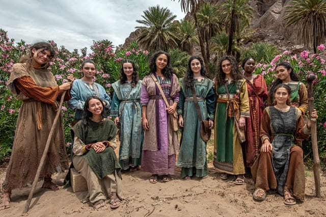 Actors portraying the ten virgins in authentic first-century costumes for the Parables Project film The Ten Virgins in Morocco.