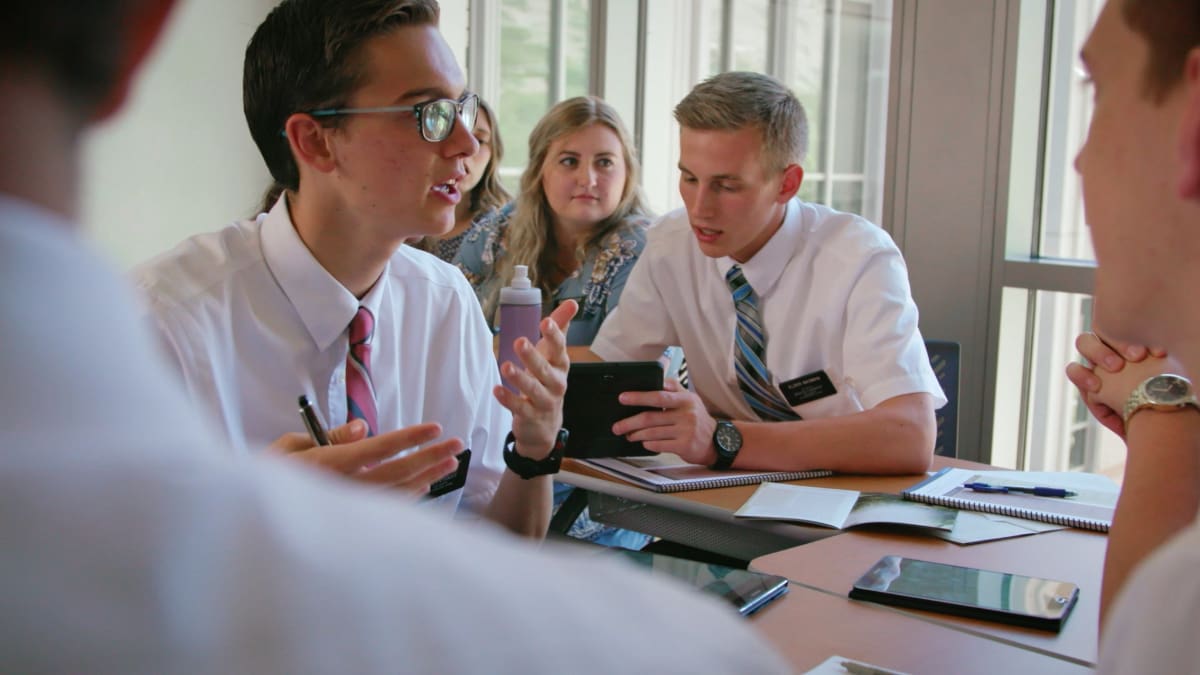 Young full-time missionaries participate in gospel study and discussion inside the Missionary Training Center as they prepare for missionary service and teaching about Jesus Christ worldwide.