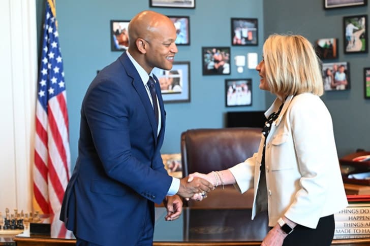 Relief Society General President Camille N. Johnson meets with Maryland Governor Wes Moore to discuss service opportunities and strengthening communities through faith and humanitarian outreach.