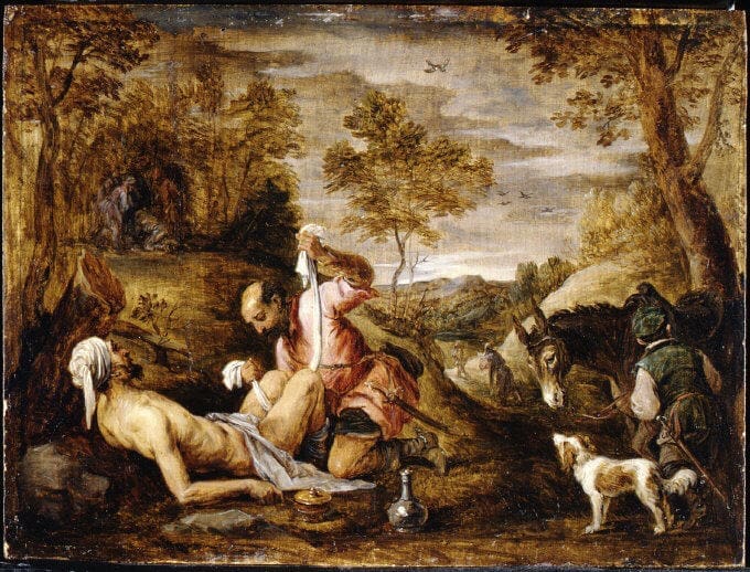The Good Samaritan helping wounded traveler in new Angel.com Parables of Jesus film