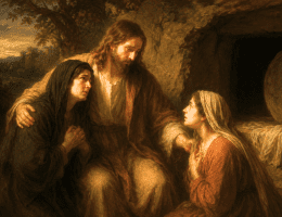 Jesus Christ comforting Mary and Martha at the tomb of Lazarus in Bethany, demonstrating Christ’s compassion, grief and hope before the miracle.