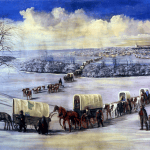 C. C. A. Christensen painting of Mormon pioneers traveling by covered wagon through snow